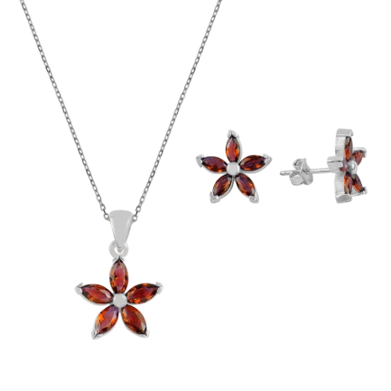 Сребърен комплект "Flower Marquise" червен