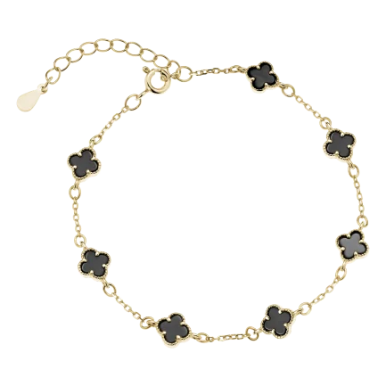 Сребърна гривна Gold Quatrefoils (с оникс и перла)